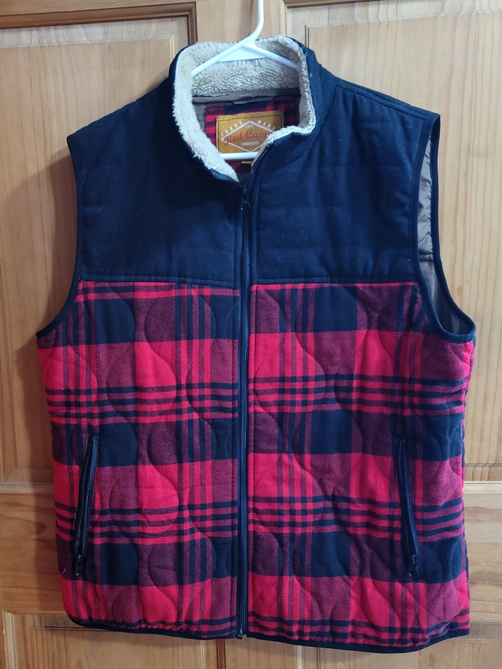 Red Camel Red and Black Plaid Quilted Vest with sherpa collar 100% cotton shell